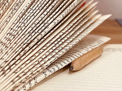 Nahaufnahme von Buchseiten und einem Bleistift.