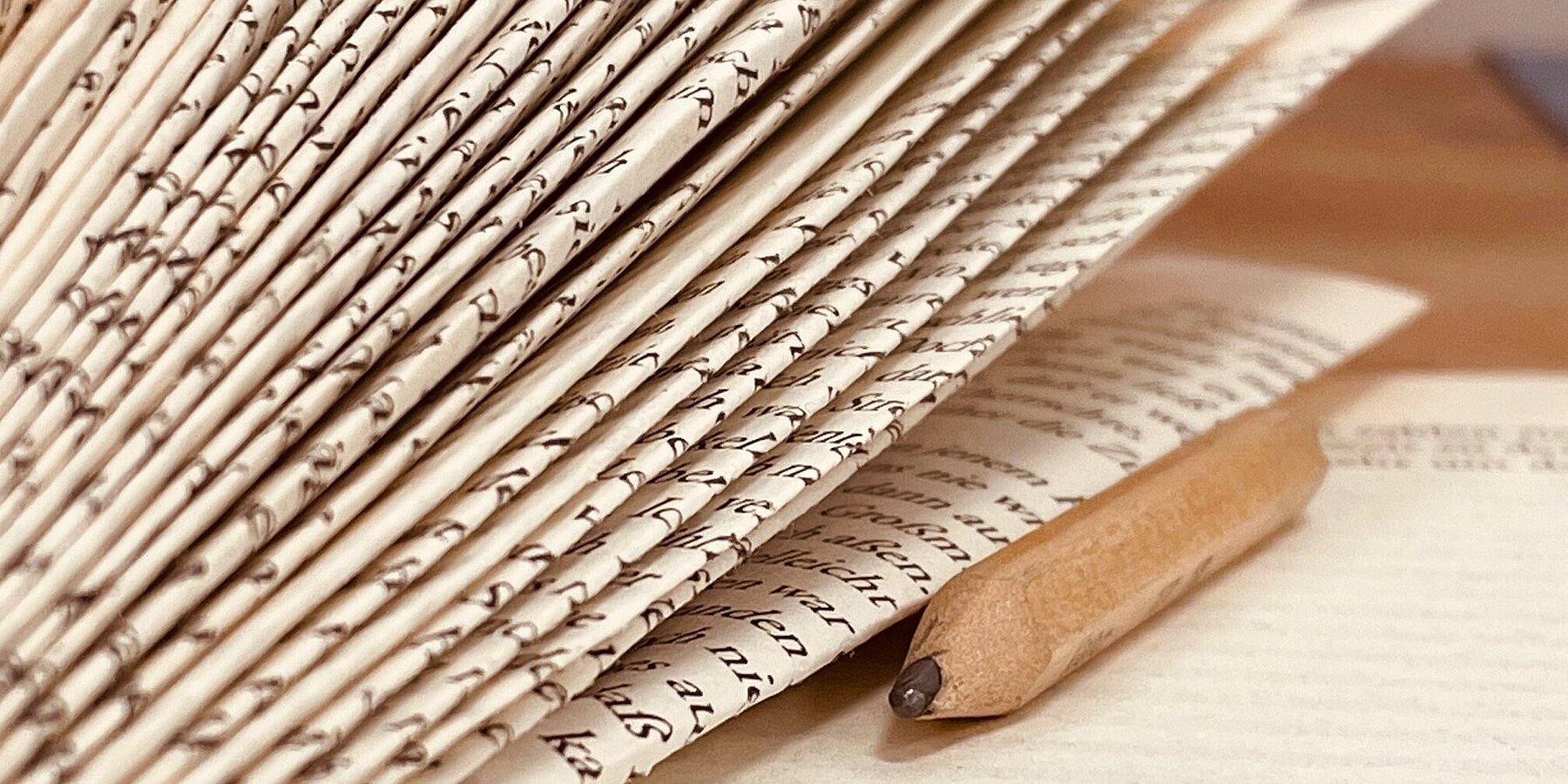 Nahaufnahme von Buchseiten und einem Bleistift.
